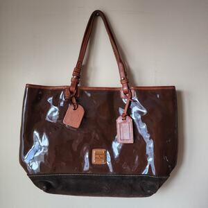Dooney & Bourke Patent Leather Brown Suede Shopper Leisure Tote Bag Purse
